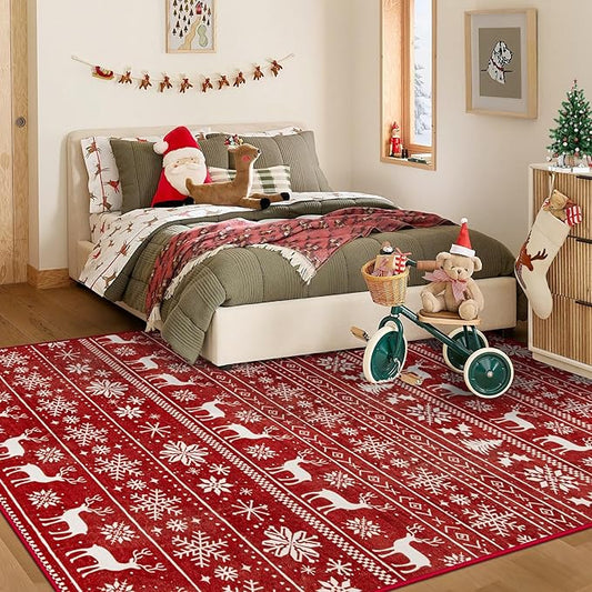 Christmas Rug 4x6 Washable Rugs, Boho Christmas Tree Snowflake Rug Non-Slip Soft Low Pile Non Shedding Indoor Holiday Decor Carpet for Living Room Bedroom Dining Room Home Office (Xmas Red, 4'x6')