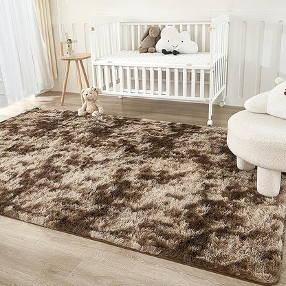 Andency Soft Area Rugs for Living Room Bedroom, 4x6 Fluffy Shaggy Bedside Rug, Non-Slip Large Shag Fuzzy Plush Carpets for Bedroom Kids Dorm Nursery Home Decor Aesthetic, Tie-Dyed Brown