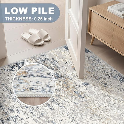 Area Rug Living Room Rugs - 5x8 Abstract Large Soft Indoor Washable Rug Neutral Modern Low Pile Carpet for Bedroom Dining Room Farmhouse Home Office - Beige Blue