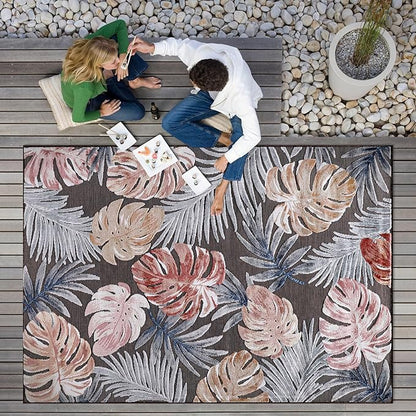 CAMILSON Indoor Outdoor Rug, Brown 9’x12’ Leaf Tropical Botanical Area Rugs for Indoor and Outdoor patios, Easy-Cleaning Non-Shedding Living Room, Garden and Kitchen Washable Outside Carpet (9x12)