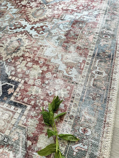 Fame Living Faded Oushak Rug, Turkish Vintage Floral Pastel Large Oversized Area Rugs for Living Room Dining Bedroom Kitchen Bathroom Nursery (848CrNv, 2' x 3')