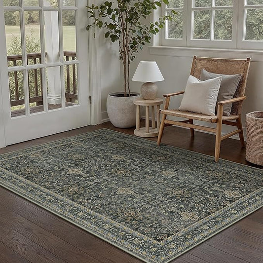 Area Rug 4x6 Black Vintage Washable Office Entryway Carpet Traditional Distressed Indoor Entry Soft Non Slip Small Door Mat Retro Low Pile Thin Rug for Kitchen Laundry Bedroom