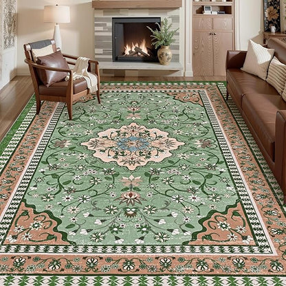 Luxury 8' x 10' Green Washable Area Rugs, Boho Low Pile Easy Clean Non-Slip Rug, Floral Medallion Pattern Vintage Rugs for Living Room, Dinning Room, Office, Bedroom, Bathroom, Laundry Room, Farmhouse