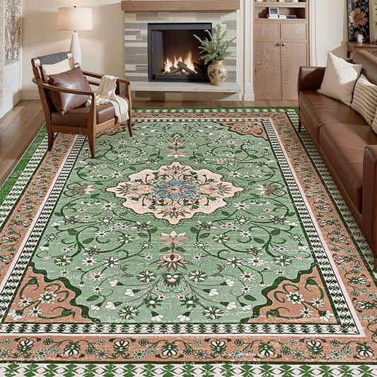 Luxury 8' x 10' Green Washable Area Rugs, Boho Low Pile Easy Clean Non-Slip Rug, Floral Medallion Pattern Vintage Rugs for Living Room, Dinning Room, Office, Bedroom, Bathroom, Laundry Room, Farmhouse