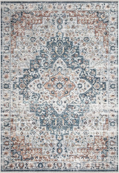 Bloom Rugs Caria Washable Non-Slip 9x12 Rug - Terracotta/Teal Traditional Area Rug for Living Room, Bedroom, Dining Room, and Kitchen - Exact Size: 9' x 12'