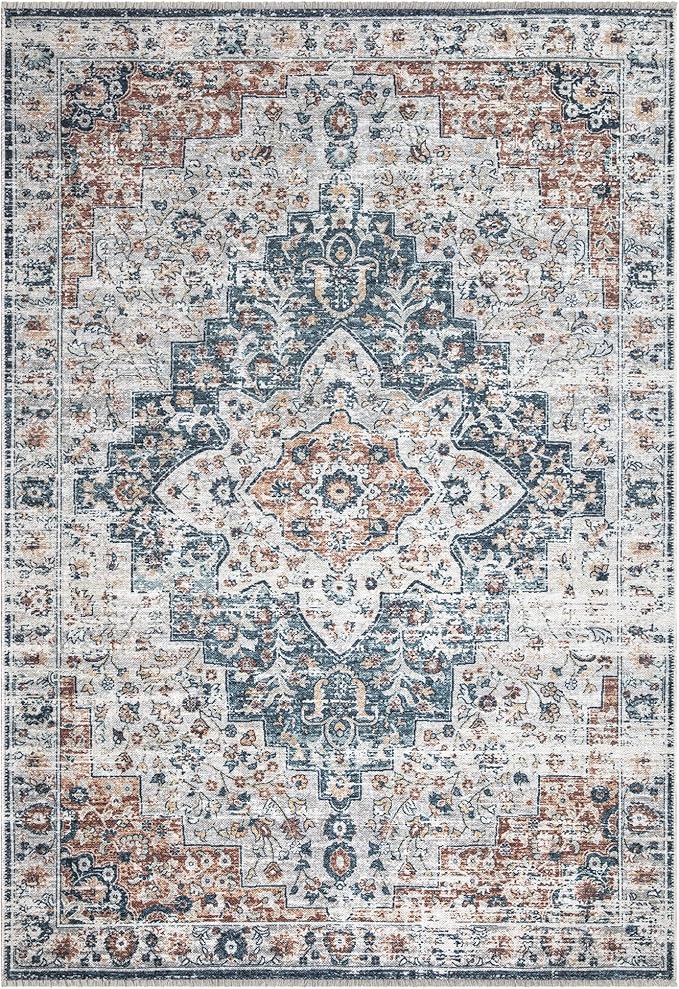 Bloom Rugs Caria Washable Non-Slip 6x9 Rug - Terracotta/Teal Traditional Area Rug for Living Room, Bedroom, Dining Room, and Kitchen - Exact Size: 6' x 9'