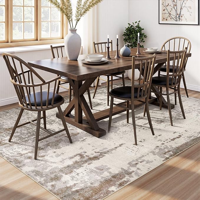9x12 Area Rug Living Room Rugs - Washable Neutral Modern Abstract Soft Thin Rug Indoor Floor No Slip Rug Carpet for Bedroom Under Dining Table Home Office Decor - Brown/Grey/Beige