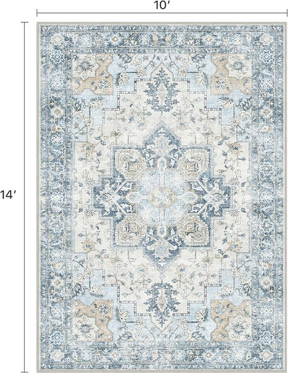 10x14 Area Rugs for Living Room, Machine Washable Rug, Non Slip Vintage Rugs, Low Pile Lightweight Print Rug for Bedroom, Dining Room, Home Office, Blue
