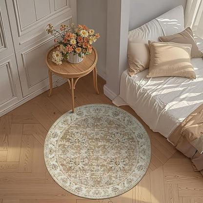 jinchan Fiora Round Rug 4ft Area Rug - Indoor Vintage Hallway Circle 4' Washable - Ultra-Thin Low Pile Soft Small Non Slip Distressed Floral Print for Living Room Dining Room Bedroom Entryway Taupe