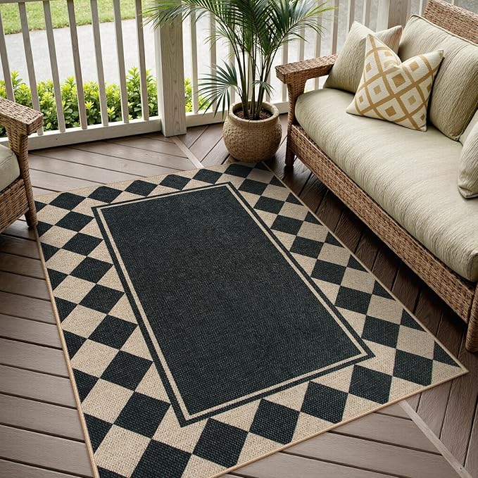 Moynesa Easy Jute Outdoor Rug 5x7 Area Rugs, Washable Checkered Rugs for Living Room Non Slip, Farmhouse Neutral Carpet for Backyard Dining Room Balcony, Black Grid Pattern