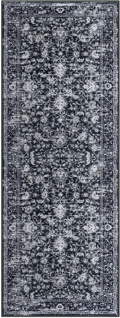 KILOCOCO Washable Runner 2x6 Rug Runner Printed Vintage Floral Kitchen Runners Non-Slip Rubber Backed Runners for Hallways Distressed Thin Soft Rugs for Entryway Laundry Room, Black/Navy/White