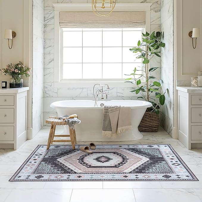 Washable Area Rug. Modern Farmhouse. Vintage. Turkish. Bohemian. Distressed. Oriental. Traditional. Rugs for Living Room. Dining. Bedroom. Office. Entryway. Foyer. (856BlckGry, 5' x 6'9")