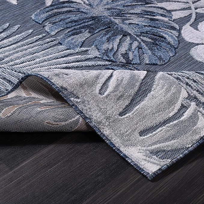 CAMILSON Indoor Outdoor Rug, Navy 10’x14’ Leaf Tropical Botanical Area Rugs for Indoor and Outdoor patios, Easy-Cleaning Non-Shedding Living Room, Garden and Kitchen Washable Outside Carpet (10x14)