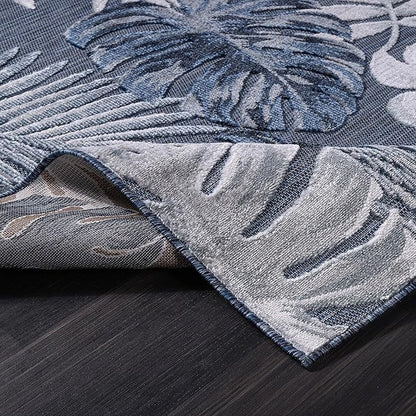 CAMILSON Indoor Outdoor Rug, Navy 10’x14’ Leaf Tropical Botanical Area Rugs for Indoor and Outdoor patios, Easy-Cleaning Non-Shedding Living Room, Garden and Kitchen Washable Outside Carpet (10x14)