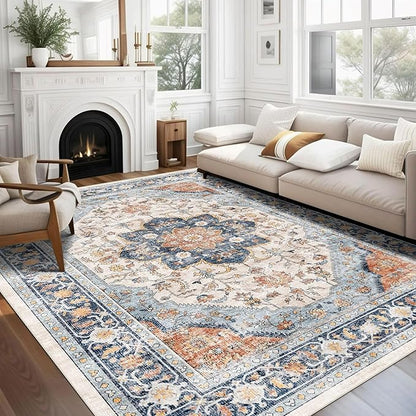 vivorug 5x7 Area Rugs - Boho Ultra-Thin Washable Rug with Non-Slip Backing, Ideal for Living Room, Bedroom, Kitchen Floor Carpet - Vintage Floral, Easy Clean, Durable, Low Pile Orange/Navy