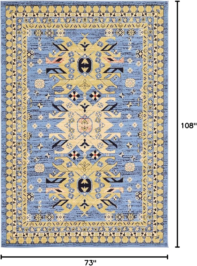 Unique Loom Taftan Collection Border Geometric Tribal Inspired Design Area Rug (6' 0 x 9' 0 Rectangular, Light Blue/ Gold)