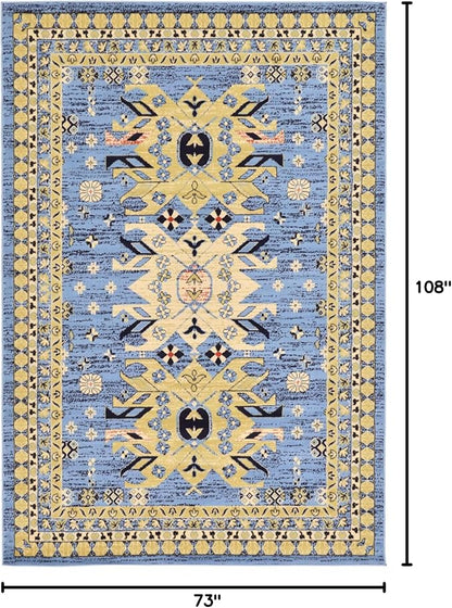 Unique Loom Taftan Collection Border Geometric Tribal Inspired Design Area Rug (6' 0 x 9' 0 Rectangular, Light Blue/ Gold)