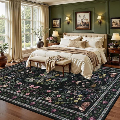 6x9 Area Rugs Living Room Rug: Vintage Washable Rug Floral Soft Carpet Indoor Floor Non-Slip Boho Stain Resistant Large Carpets for Bedroom Kids Nursery Dining Room Farmhouse Home Office Black/C02