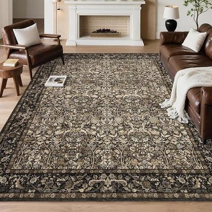 Washable Living Room Rug: 5x7 Boho Floral Soft Area Rug for Bedroom Decor - Vintage Low Pile Thin Carpet for Dining Room Non-Slip - Farmhouse Stain Resistant Rugs - Dark Brown