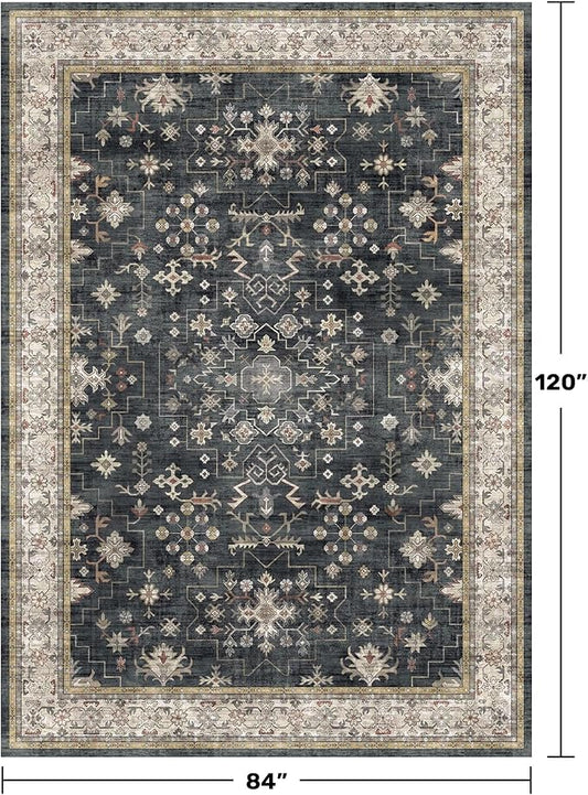 Black Farmhouse Washable 7x10 Area Rugs for Living Room, Bedroom, Dining Room Table, Dark Charcoal Stain Resistant Non-Slip Large Washable