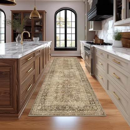 Fmfunctex 3x8 Runner Rug Brown Washable Vintage Neutral Distressed Non Slip Low Pile Indoor Carpet Soft Retro Floral Hallway Entryway Rug for Kitchen Living Room Bedroom Bathroom Laundry Entry Bedside