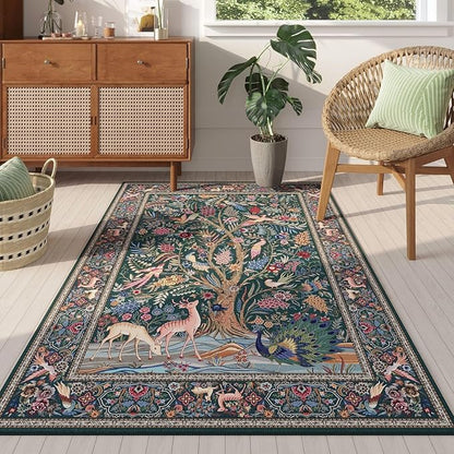 Rugcomf Area Rugs 4x6 Vibrant Tree of Life-Patterned Vintage Washable Rugs Non Slip Low Pile Small Carpet for Bedroom Bedside Kids Room Office Dining Room, Green