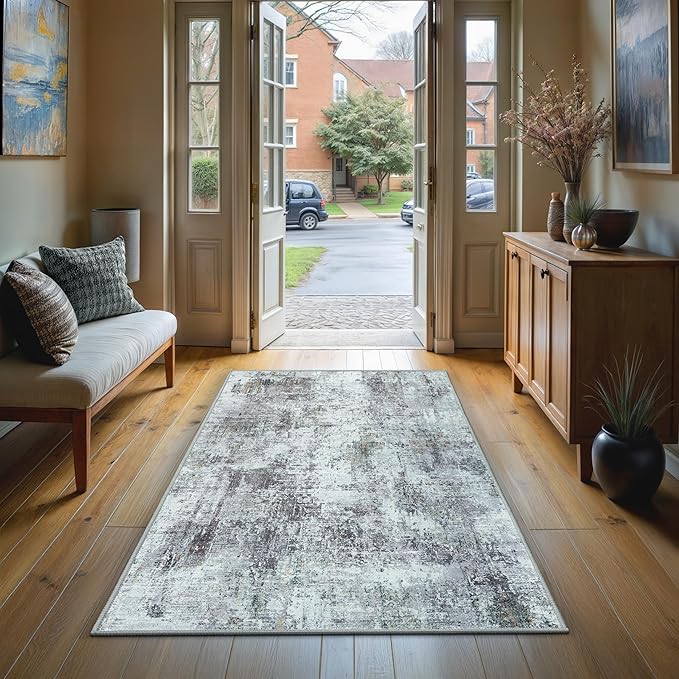 GLN Rugs Contemporary Collection - Machine Washable Area Rug, Contemporary Washable, Non Slip, Low Pile Chenille Rug, Living Room, Bedroom, Kitchen Rug (2'6" x 7' Grey/Green)