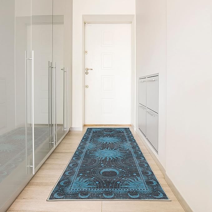 Ambesonne Sun and Moon Decorative Rug, Bohemian Artwork Design of Crescent Solar Ornament Esoteric Stars Ornaments, Quality Carpet for Bedroom Dorm and Living Room, 2' 5" x 7' 5", Sky Blue