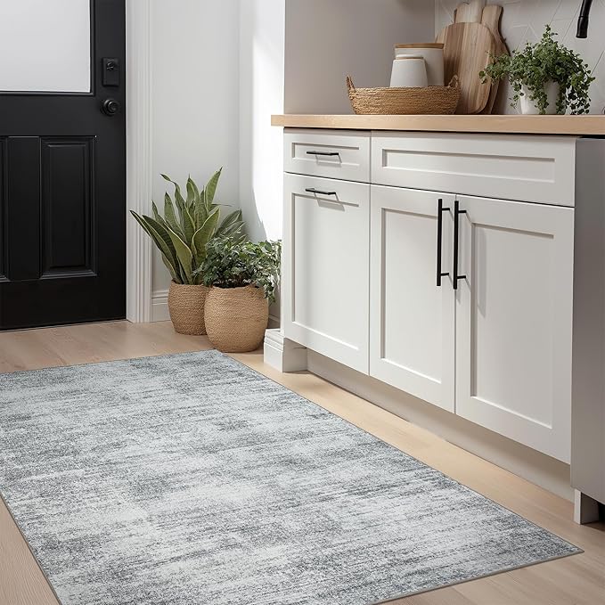 Light Grey Modern Rug for Bedroom 3x5 Minimalist Abstract Style Low Pile Floor Carpet Non Slip Washable 3 x 5 Area Rug for Kitchen Laundry Room Entryway Gray