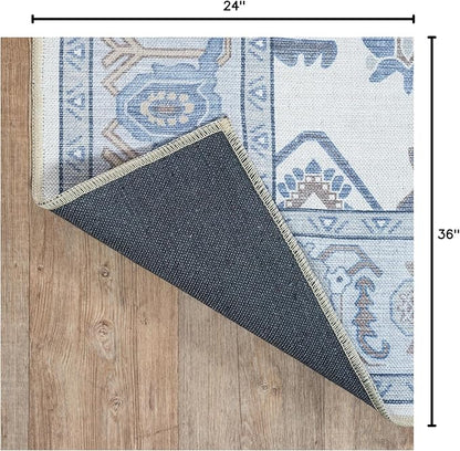 Fame Living Cream Blue Oushak Rug, Modern Small Rugs, Vintage, Turkish, Eclectic, Floral, Pastel, Washable, Door Mat, Doormat for Indoor Entrance, Entryway, Kitchen, Bathroom, Bedroom, Laundry, 2'x3'