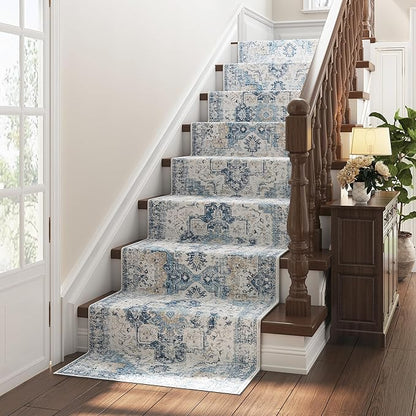 jinchan Kelda Runner Rug 3x8 Vintage Hallway Rug Kitchen Washable Runner Retro Floor Cover Lightweight Non-Slip Low Pile Thin Distressed Carpet for Entryway Bathroom Laundry Room Bedroom Stairway Blue