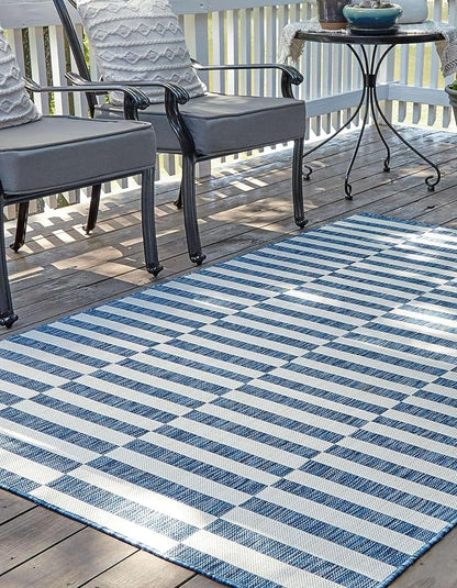 Unique Loom Outdoor Striped Collection Area Rug - Striped (5' 3" x 7' 1" Rectangle Blue/Ivory)