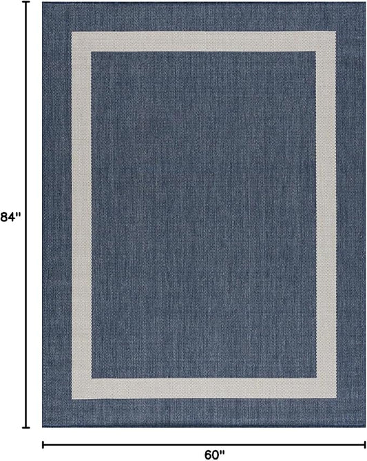CAMILSON Outdoor Rug 5x7, Modern Outside Rugs for Patios Porches Waterproof Durable Washable Non-Shedding, Easy-to-Clean Indoor Outdoor Area Carpet (5 x 7, Bordered - Blue/White)
