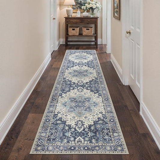 2'6''x10 Runner Rugs for Hallway, Machine Washable Non Slip Vintage Rugs, Low Pile Lightweight Soft Print Rug for enrtyway, Corridor, Home Office, Kitchen, Center Blue