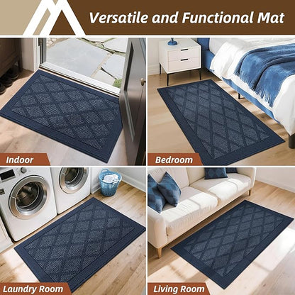 COSY HOMEER Non-Slip Door Mat 20"x32", Entryway Rugs Low Profile Absorbent Dirt Trapper Doormat for Front Entrance, Washable Polypropylene Entry Mat (Blue)