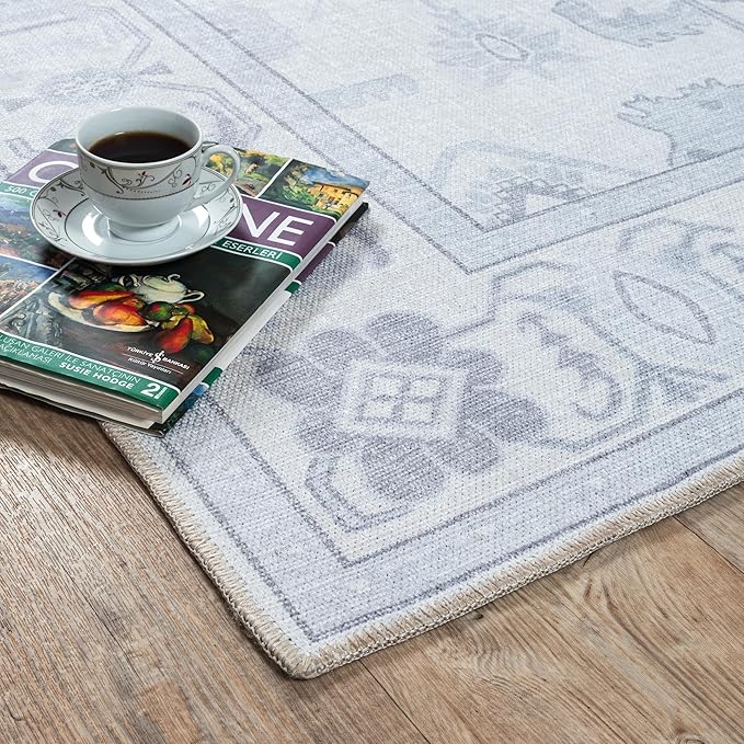 Fame Living Beige Oushak Rug, Modern, Vintage, Turkish, Eclectic, Floral, Pastel, Washable, Large Area Rugs for Living Room, Dining, Bedroom, Girls, Boys, 7'5''x9'8''