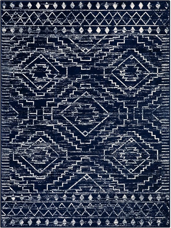 Wonnitar Moroccan Washable 9x12 Rug, Large Blue Rugs for Bedroom, Non-Slip Soft Living Room Area Rug, Boho Non-Shedding Ultra-Thin Floor Carpet for Dining Guest Room Home Office (Blue,9'x12')