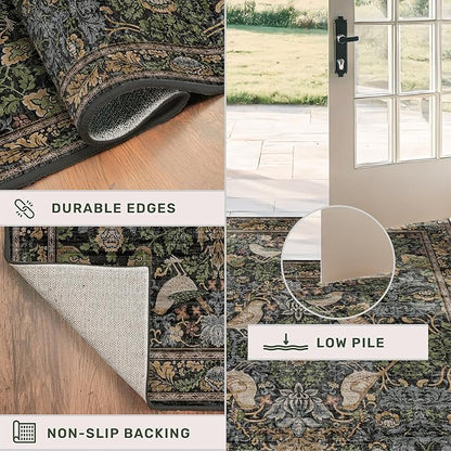 Washable Dark Vintage Floral Rugs for Entryway - Small 2x3 Washable Rug for Kitchen Bathroom Door Mat Indoor Entrance with Bird & Botanical Pattern, Brown Earthy Tones, Non Slip Low Pile