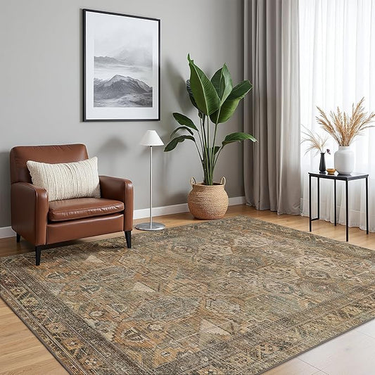 Bavni Washable Rug 3x5 Area Rug for Living Room Bedroom Dining, Washable Vintage Print Carpet, Ultra-Thin Chenille Low Pile Lightweight Rug with Non Slip Backing, Warm Taupe