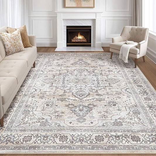 9x12 Area Rug Living Room: Washable Boho Large Neutral Vintage Soft Rugs Stain Resistant Farmhouse Non Slip Indoor Floor Carpet for Bedroom Nursery Kids Playroom Office Dining Room Home- Ivory Gray
