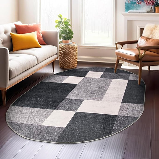 Rugshop Gray Modern Geometric Boxes Non-Slip Area Rug Non-Shedding for Dining Area, Bedroom and Living Room, 5' x 7' Oval