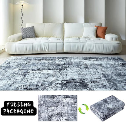 Rugcomf 3x5 Washable Boho Soft Area Rug - Abstract Pattern, Non-Slip, Non-Shedding Faux Wool Vintage Rug for Bedside, Bedroom, Kitchen, Indoor, Grey and Black