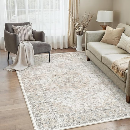 3x5 Washable Vintage Area Rug for Living Room Bedroom Beige Grey Soft Tranditional Non Slip Thin Throw Rug Lightweight Floral Low Pile Distressed Carpet Entrance Laundry Room Playroom