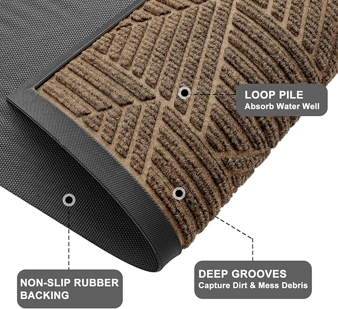 Kitinjoy Front Door Mat Outside Entrance, Sturdy Natural Dirt Trapper, Heavy Duty Rubber Doormat, Low Profile Non-Slip Backing, Easy Clean Floor Mat for Indoor Outdoor Entry, 47X23 Inch, Brown