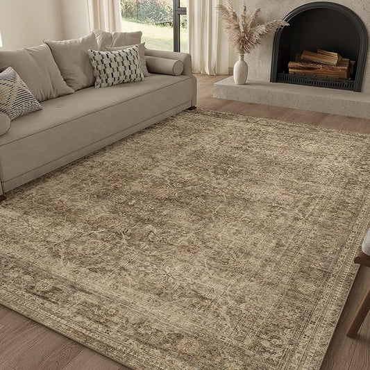FMFUNCTEX 5x7 Washable Area Rug Neutral Vintage Brown Non Slip Low Pile Traditional Indoor Carpet for Living Room Bedroom Soft Retro Floral Mat Throw Rug for Dining Office Kitchen Dorm Entryway