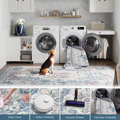 jinchan Kelda Runner Rug 3x10 Vintage Hallway Rug Washable Runner Retro Floor Cover Lightweight Non-Slip Low Pile Thin Distressed Carpet for Entryway Bathroom Laundry Room Bedroom Stairway Navy Blue
