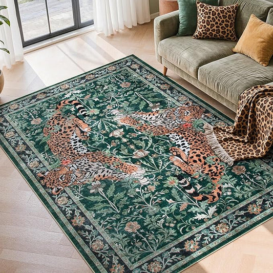 Moynesa Leopard 5x7 Area Rug, Boho Washable Living Room Rug, Non Slip Rugs for Bedroom, Ultra Thin Soft Animal Print Throw Floor Carpet for Office Dining Room, Green