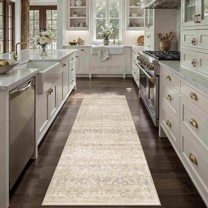 HUGEAR 2x6 Washable Area Rug Beige Runner Rug Vintage Neutral Non Slip Soft Distressed Carpet Low Pile Pet Friendly for Bathroom Kitchen Hallway Porch Foyer