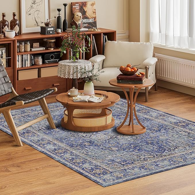 Washable Area Rug 5' x 7' Vintage Traditional Persian Mat - Foldable Distressed Non-Slip Machine Washable Carpet for Living Room Bedroom Kitchen Home Decor - Indigo and Gold