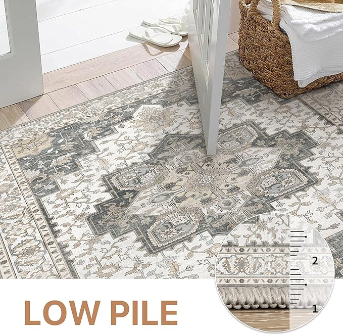 GENIMO 2'6"x6 Runner Rugs for Hallway, Machine Washable Non Slip Vintage Rugs, Low Pile Lightweight Soft Print Rug for enrtyway, Corridor, Home Office, Kitchen, Heathered Grey